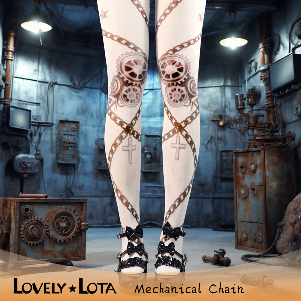 【IN STOCK】LovelyLota Original Mechanical Punk Lolita Printed Tights - 120D Original Designed Printed Pantyhose