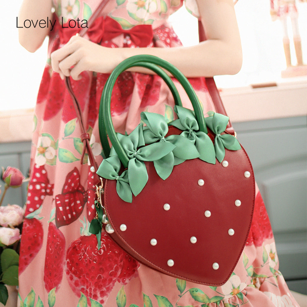 LovelyLota Small Strawberry Pearl Red Bow Tote Crossbody Lolita Bag