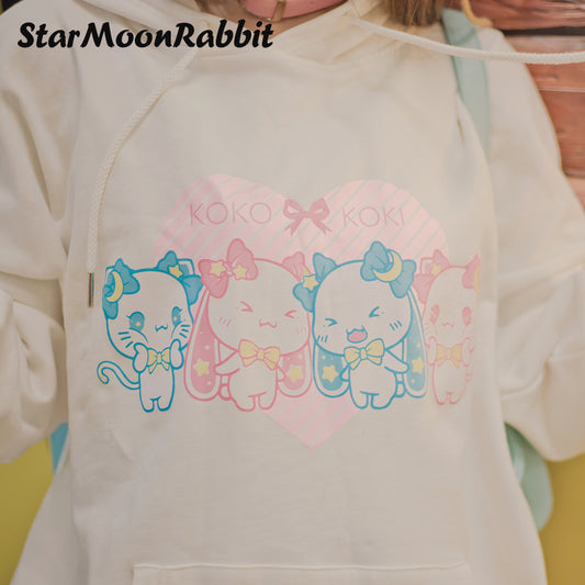 【IN STOCK】Original IP Moon-Star-Rabbit Sweatshirt: Cute Illustration Printed Long-Sleeve White Hoodie