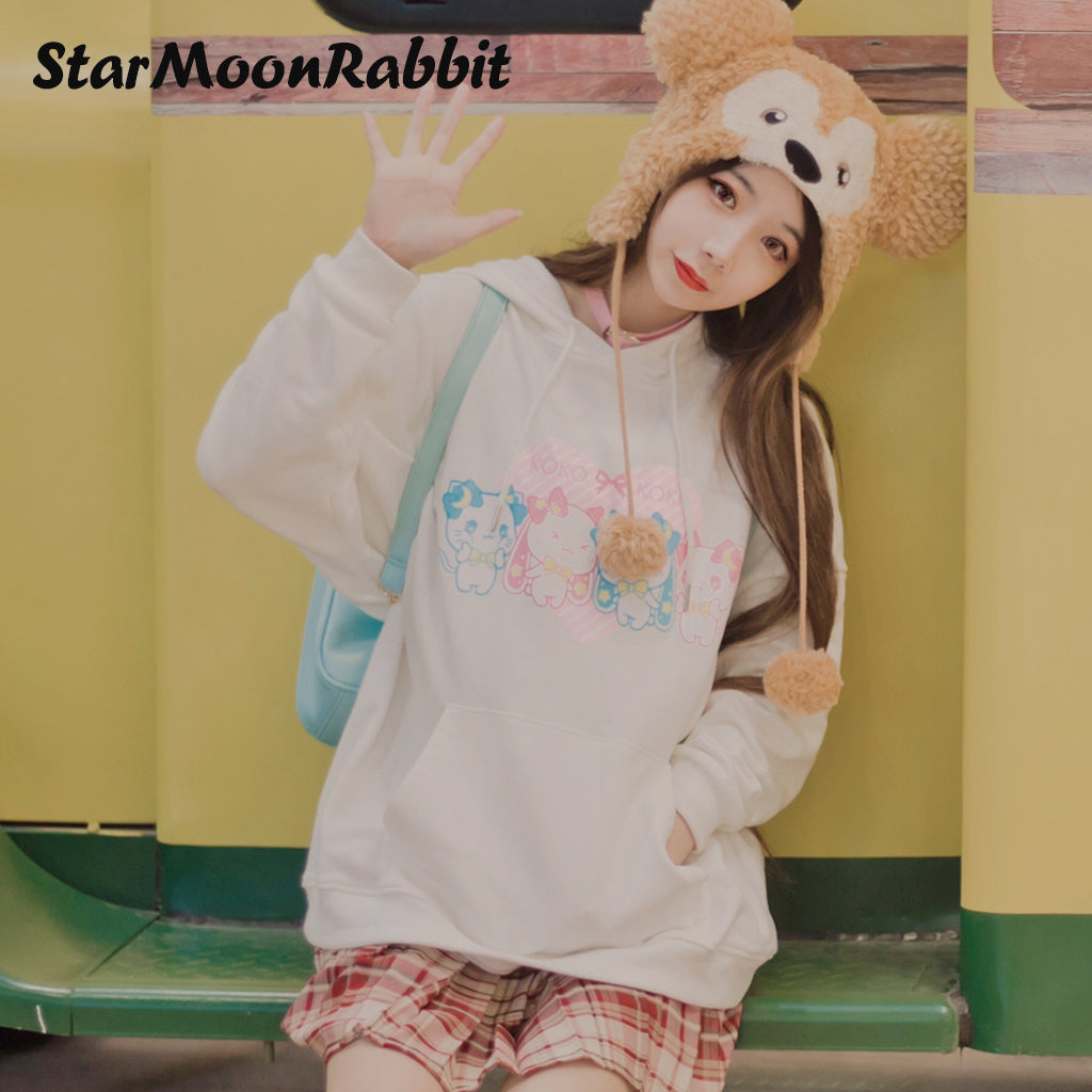 【IN STOCK】Original IP Moon-Star-Rabbit Sweatshirt: Cute Illustration Printed Long-Sleeve White Hoodie