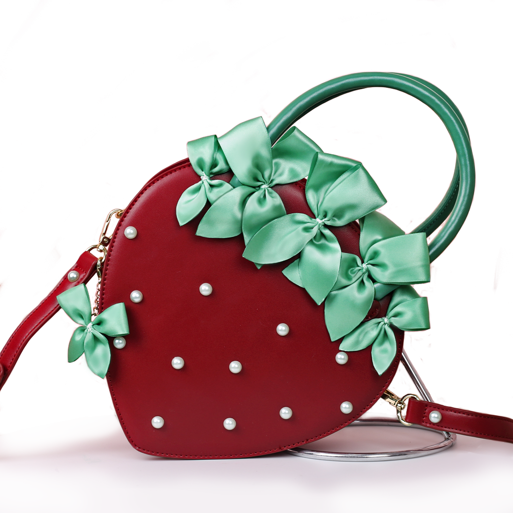 LovelyLota Small Strawberry Pearl Red Bow Tote Crossbody Lolita Bag