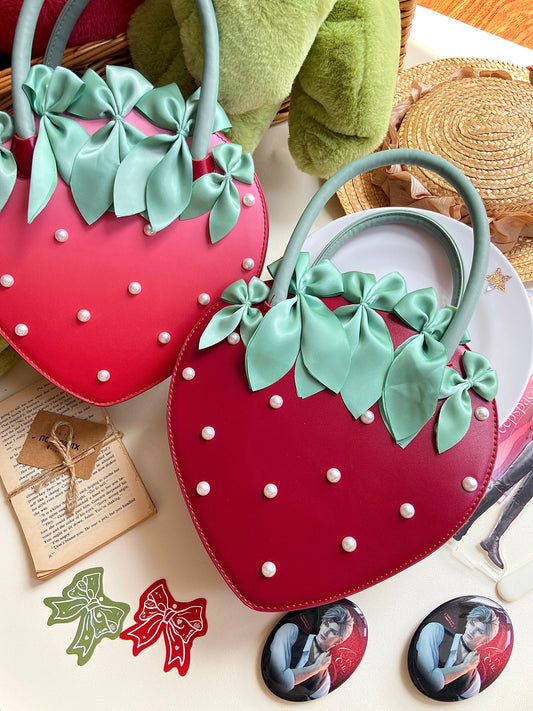 LovelyLota Small Strawberry Pearl Red Bow Tote Crossbody Lolita Bag