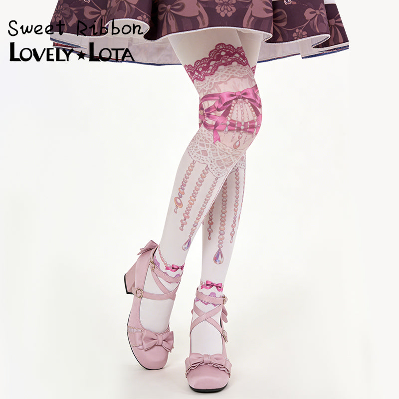 【IN STOCK】Maiden Seven Sweet Original Sweet Ribbon Luxury Lolita Printed Velvet Pantyhose, 120D For Women
