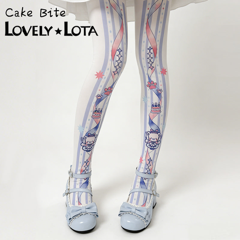 【IN STOCK】LovelyLota Original Cake Bite Cute Soft Aesthetic Lolita Printed Opaque Velvet Pantyhose 120D