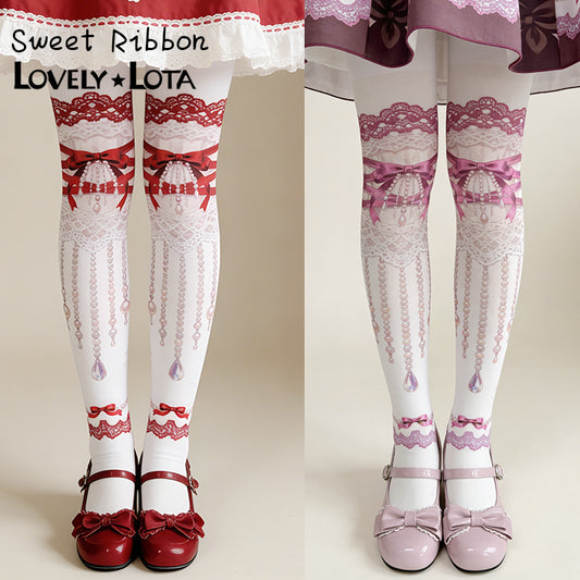 【IN STOCK】Maiden Seven Sweet Original Sweet Ribbon Luxury Lolita Printed Velvet Pantyhose, 120D For Women