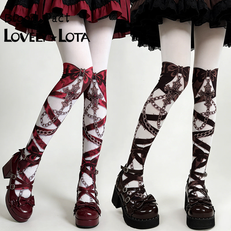 【IN STOCK】Original Crimson Contract Gothic Lolita Printed Pantyhose with Cross Pattern, 120D Velvet Stockings by Maiden Seven Sweet