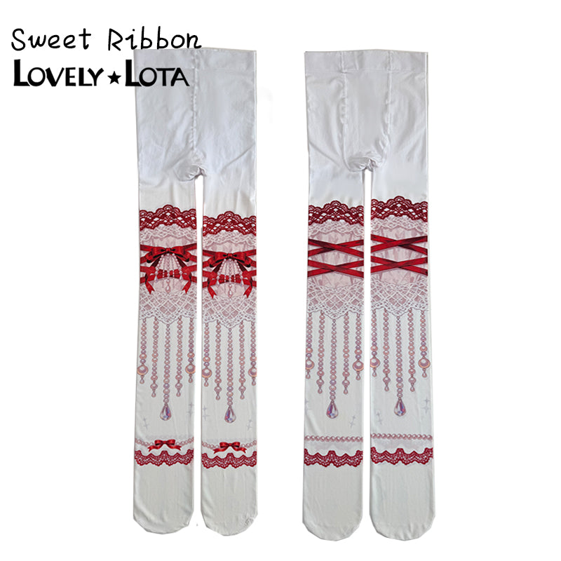 【IN STOCK】Maiden Seven Sweet Original Sweet Ribbon Luxury Lolita Printed Velvet Pantyhose, 120D For Women