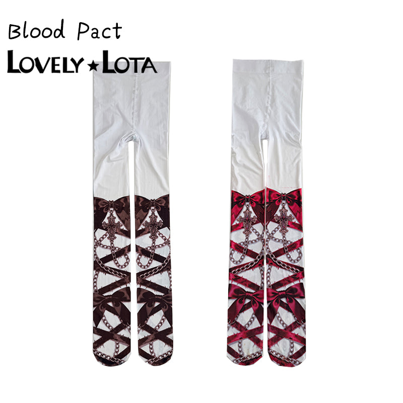 【IN STOCK】Original Crimson Contract Gothic Lolita Printed Pantyhose with Cross Pattern, 120D Velvet Stockings by Maiden Seven Sweet
