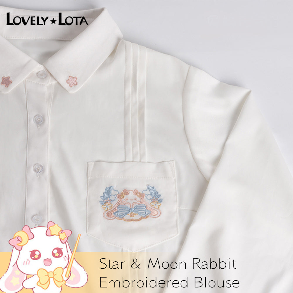 【IN STOCK】LovelyLota Original Star & Moon Rabbit IP White Blouse, Cute Cartoon Soft Kawaii Embroidered Long Sleeve Shirt, Casual Daily Top