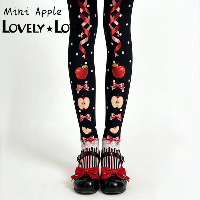 【IN STOCK】LovelyLota Original Little Apple Print Lolita Tights, 120D Velvet High Elastic Cute Pantyhose for Women