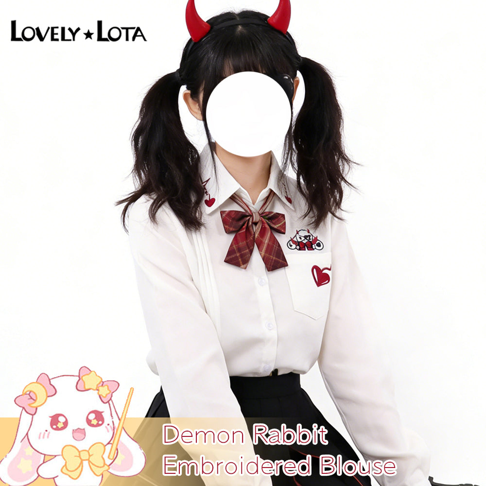 【IN STOCK】LovelyLota Original Demon Rabbit IP White Blouse, Cute Cartoon Halloween Embroidered Long Sleeve Shirt, Daily Casual Top