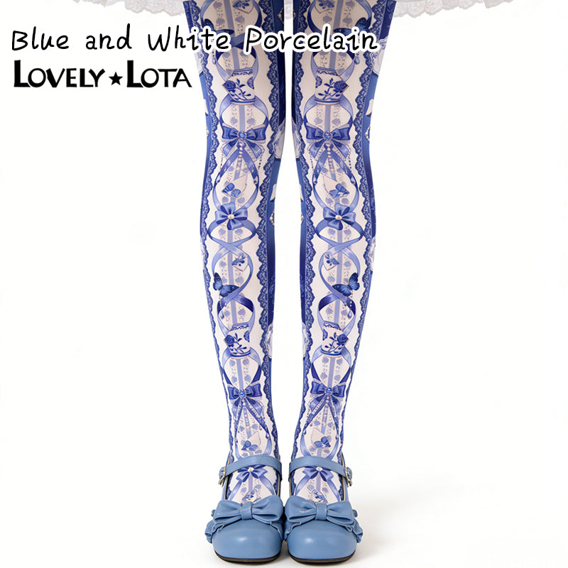 【IN STOCK】LovelyLota Original Blue and White Porcelain Gorgeous Lolita Print Tights, 120D Velvet Pantyhose for Women