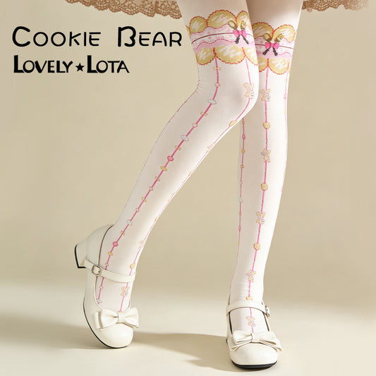 【IN STOCK】LovelyLota Original Cookie Bear Bow Print 120D Velvet Lolita Tights for Women
