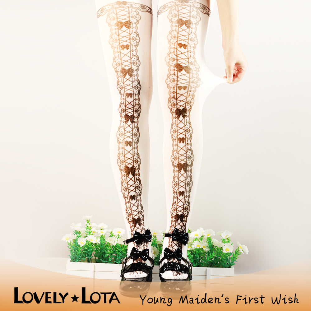 【IN STOCK】LovelyLota Original Design 120D Velvet Pantyhose - Maiden's Aspiration Bow Print Lolita Tights for Girls