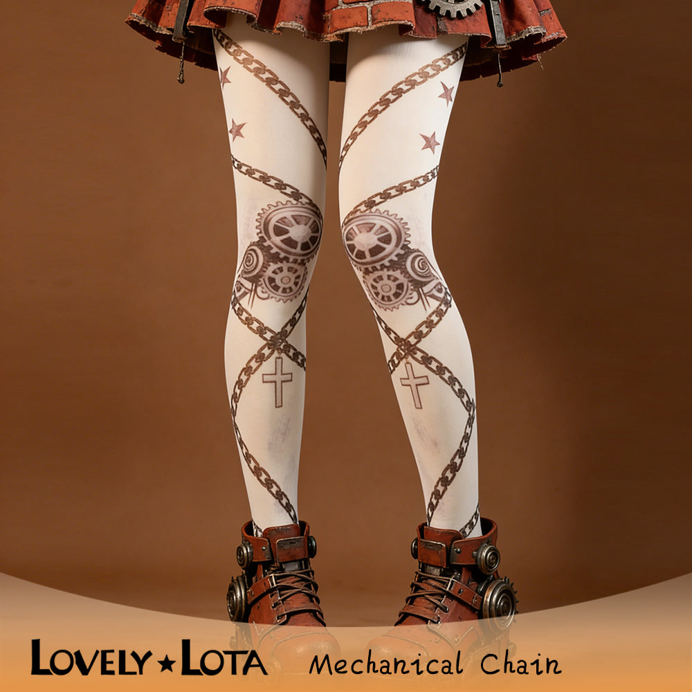 【IN STOCK】LovelyLota Original Mechanical Punk Lolita Printed Tights - 120D Original Designed Printed Pantyhose