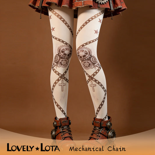 【IN STOCK】LovelyLota Original Mechanical Punk Lolita Printed Tights - 120D Original Designed Printed Pantyhose