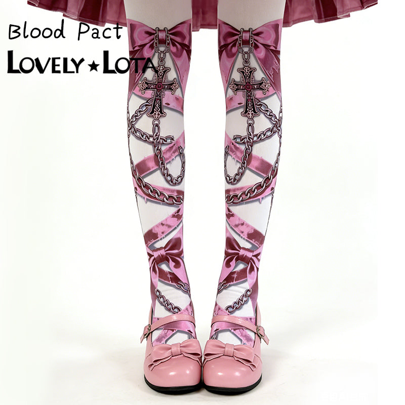 【IN STOCK】Original Crimson Contract Gothic Lolita Printed Pantyhose with Cross Pattern, 120D Velvet Stockings by Maiden Seven Sweet