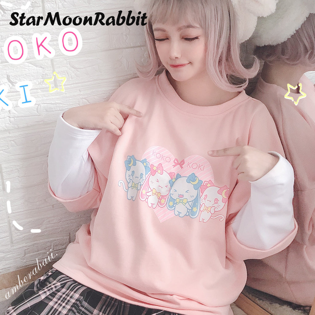 【IN STOCK】Original Moon-Star-Rabbit IP Pink Raglan Sleeve Illustration Printed Pullover