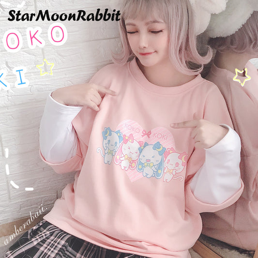 【IN STOCK】Original Moon-Star-Rabbit IP Pink Raglan Sleeve Illustration Printed Pullover