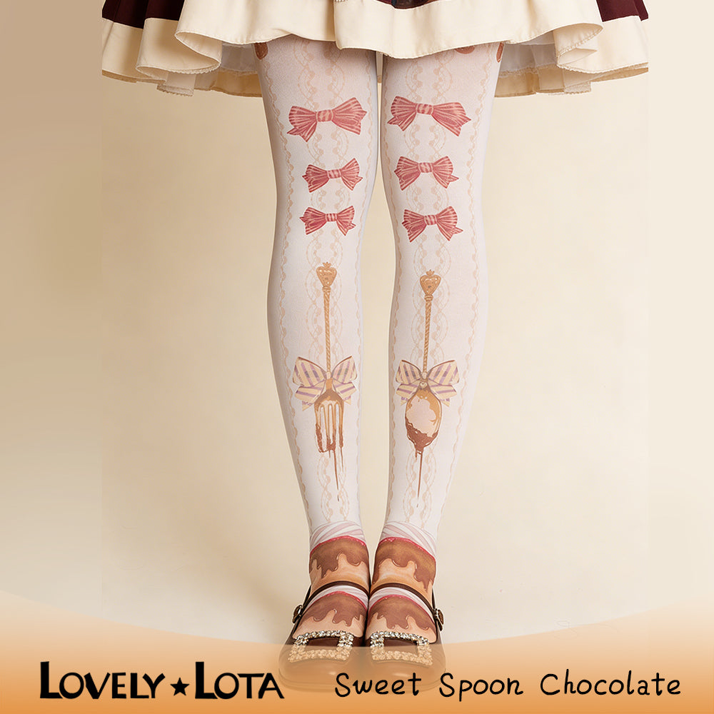 【IN STOCK】LovelyLota Original Sweet Spoon Chocolate Cute Cream Print Velvet Japanese-Style Lolita Pantyhose