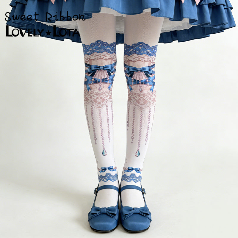 【IN STOCK】Maiden Seven Sweet Original Sweet Ribbon Luxury Lolita Printed Velvet Pantyhose, 120D For Women