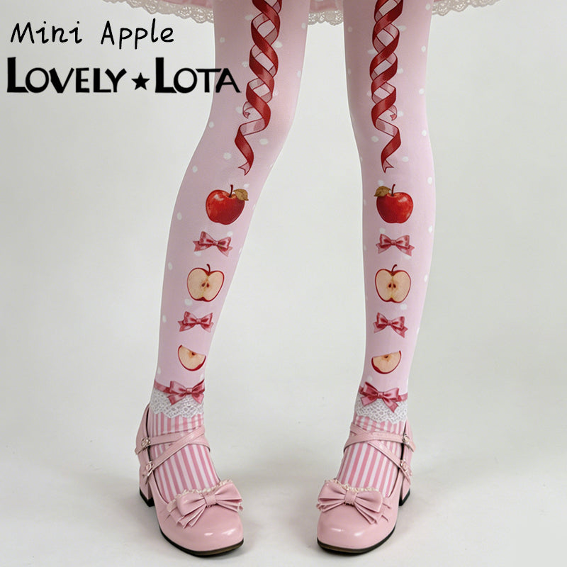 【IN STOCK】LovelyLota Original Little Apple Print Lolita Tights, 120D Velvet High Elastic Cute Pantyhose for Women