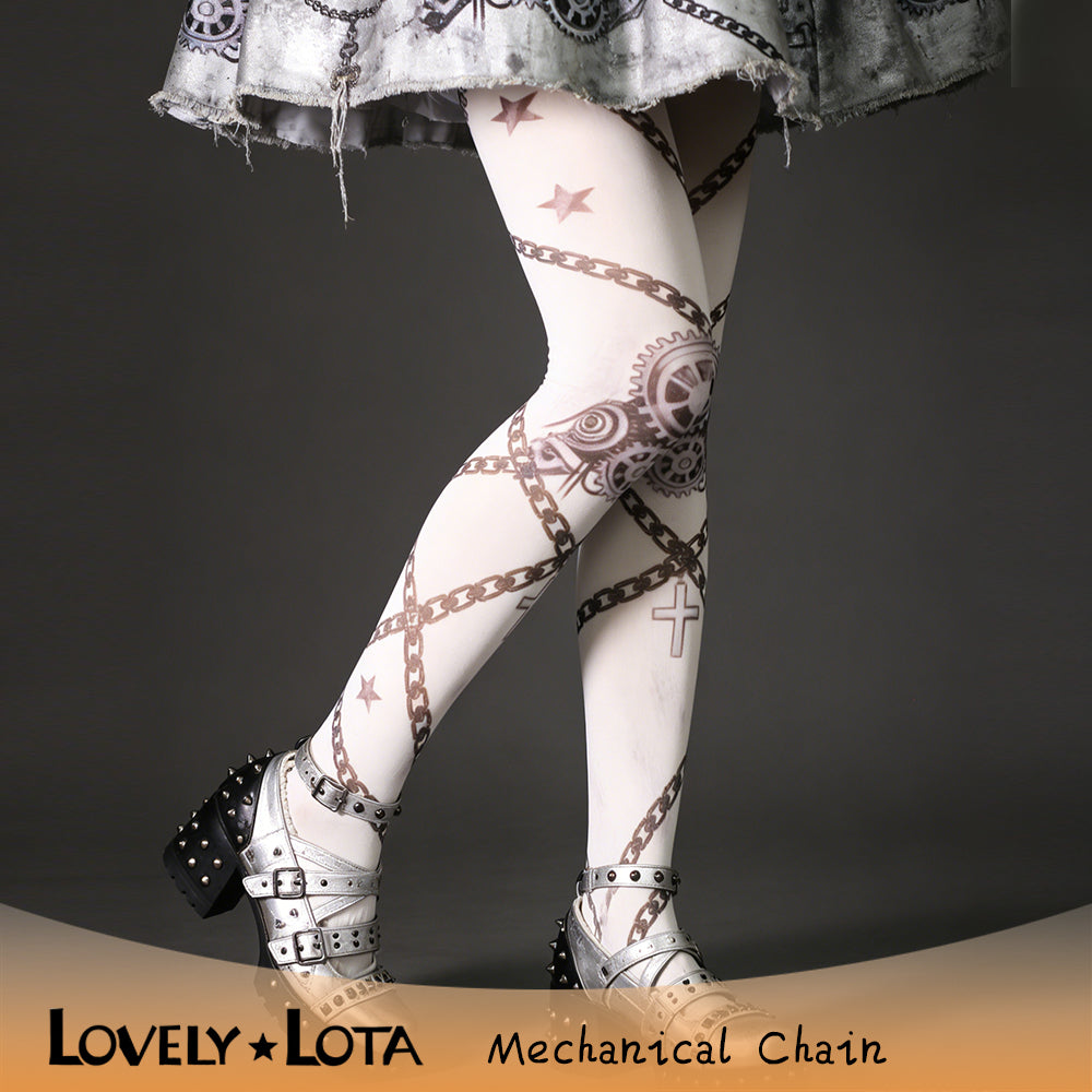 【IN STOCK】LovelyLota Original Mechanical Punk Lolita Printed Tights - 120D Original Designed Printed Pantyhose