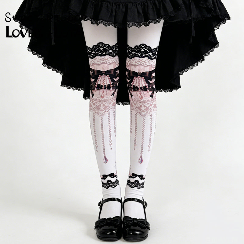 【IN STOCK】Maiden Seven Sweet Original Sweet Ribbon Luxury Lolita Printed Velvet Pantyhose, 120D For Women