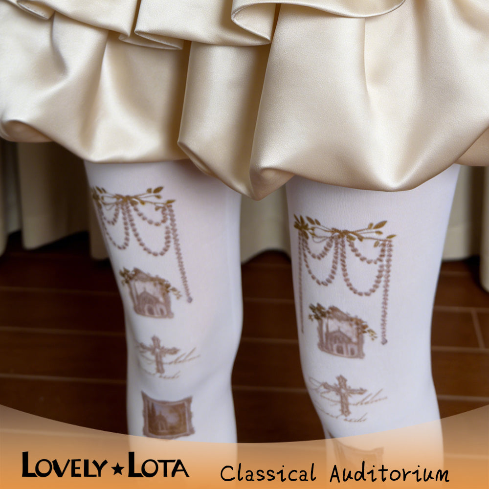 【IN STOCK】LovelyLota Original Classical Auditorium Tights for Women, Cross Classic Lolita Print, 120D Velvet