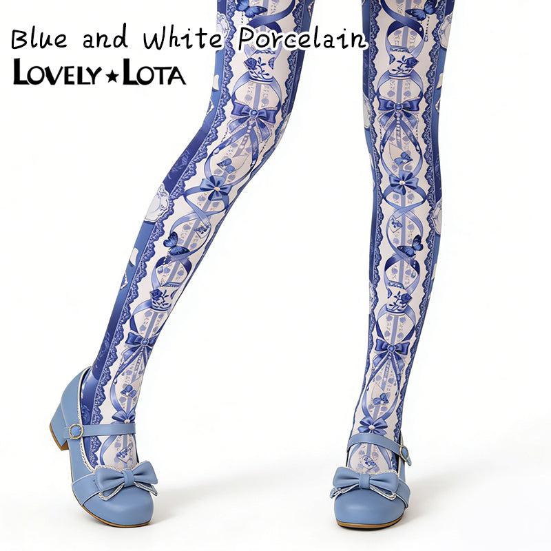 【IN STOCK】LovelyLota Original Blue and White Porcelain Gorgeous Lolita Print Tights, 120D Velvet Pantyhose for Women