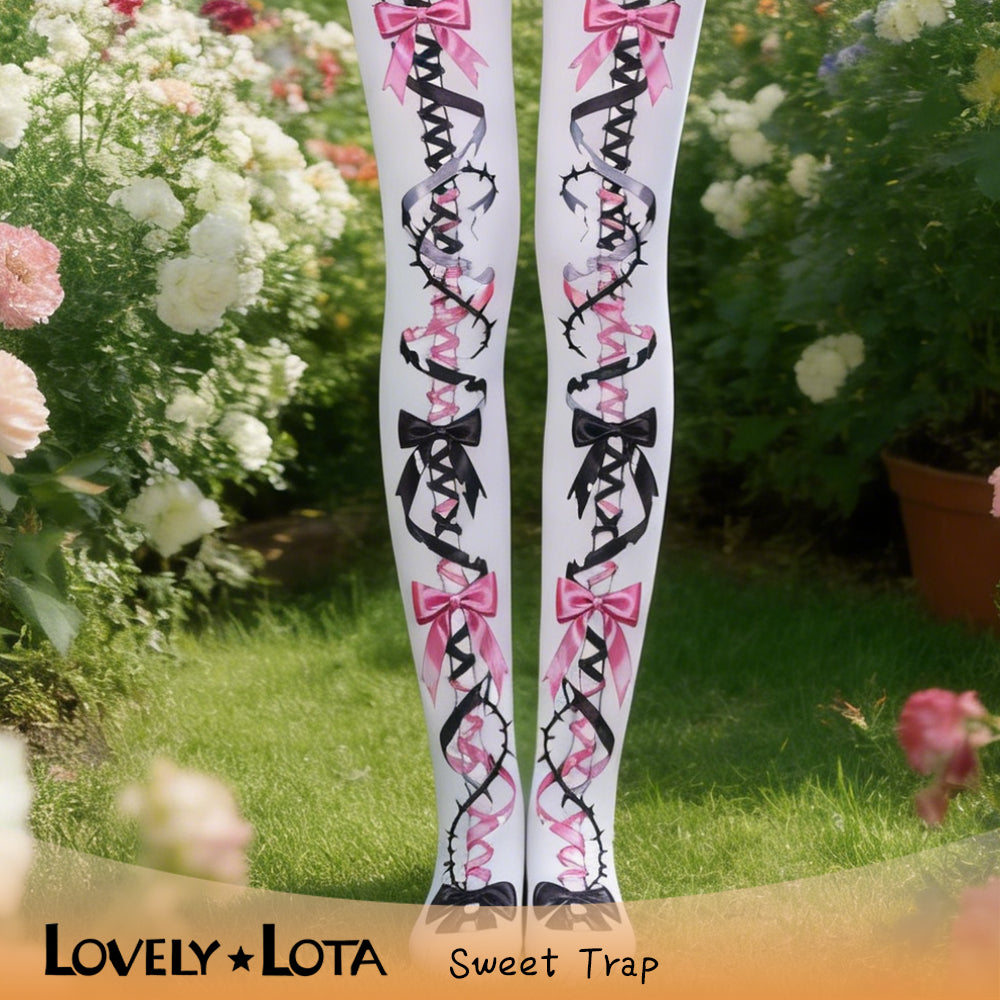 【IN STOCK】LovelyLota Original Sweet Trap Tights for Women, Y2K Edgy Girl Print, 120D Velvet, Lolita Style, In Stock