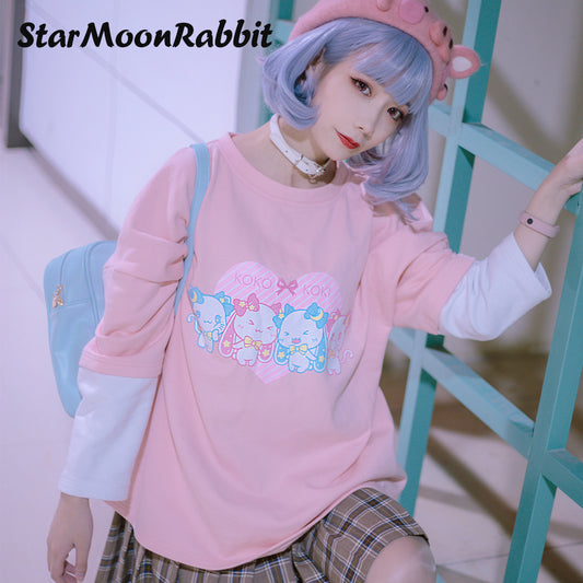 【IN STOCK】Original Moon-Star-Rabbit IP Pink Raglan Sleeve Illustration Printed Pullover