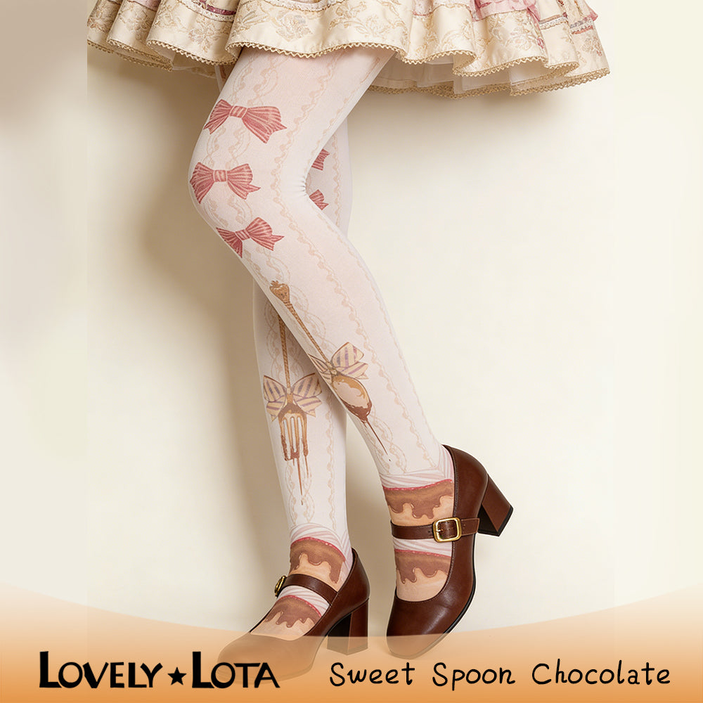 【IN STOCK】LovelyLota Original Sweet Spoon Chocolate Cute Cream Print Velvet Japanese-Style Lolita Pantyhose