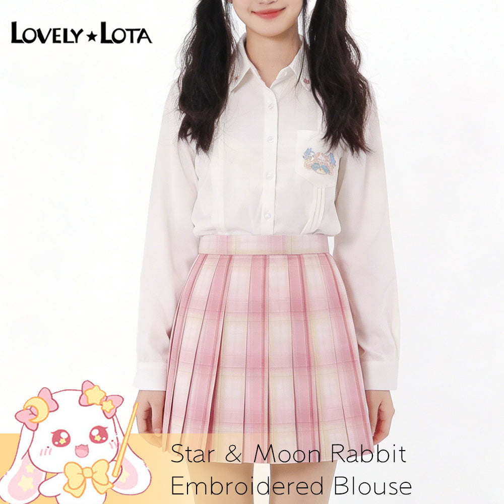 【IN STOCK】LovelyLota Original Star & Moon Rabbit IP White Blouse, Cute Cartoon Soft Kawaii Embroidered Long Sleeve Shirt, Casual Daily Top