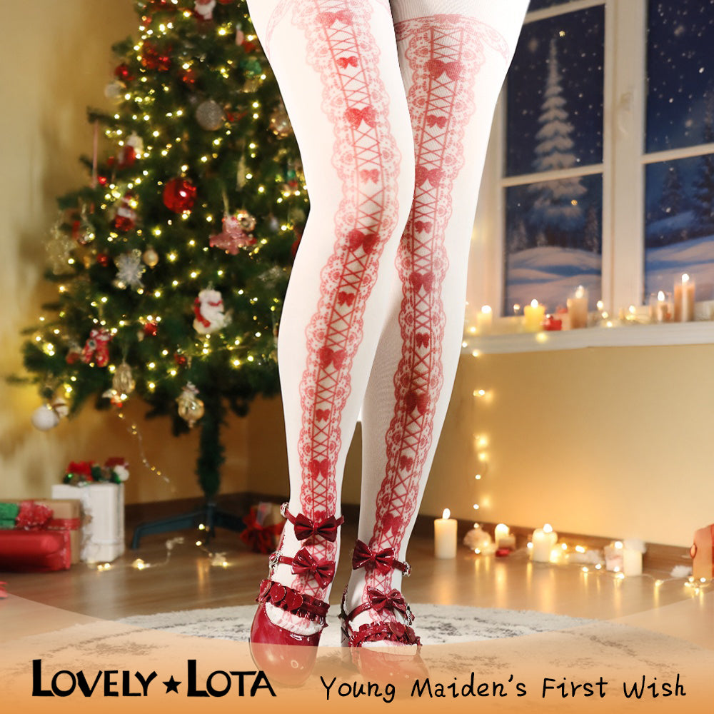 【IN STOCK】LovelyLota Original Design 120D Velvet Pantyhose - Maiden's Aspiration Bow Print Lolita Tights for Girls