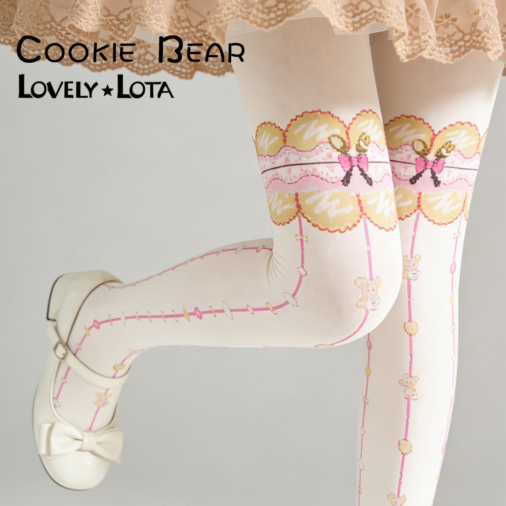 【IN STOCK】LovelyLota Original Cookie Bear Bow Print 120D Velvet Lolita Tights for Women