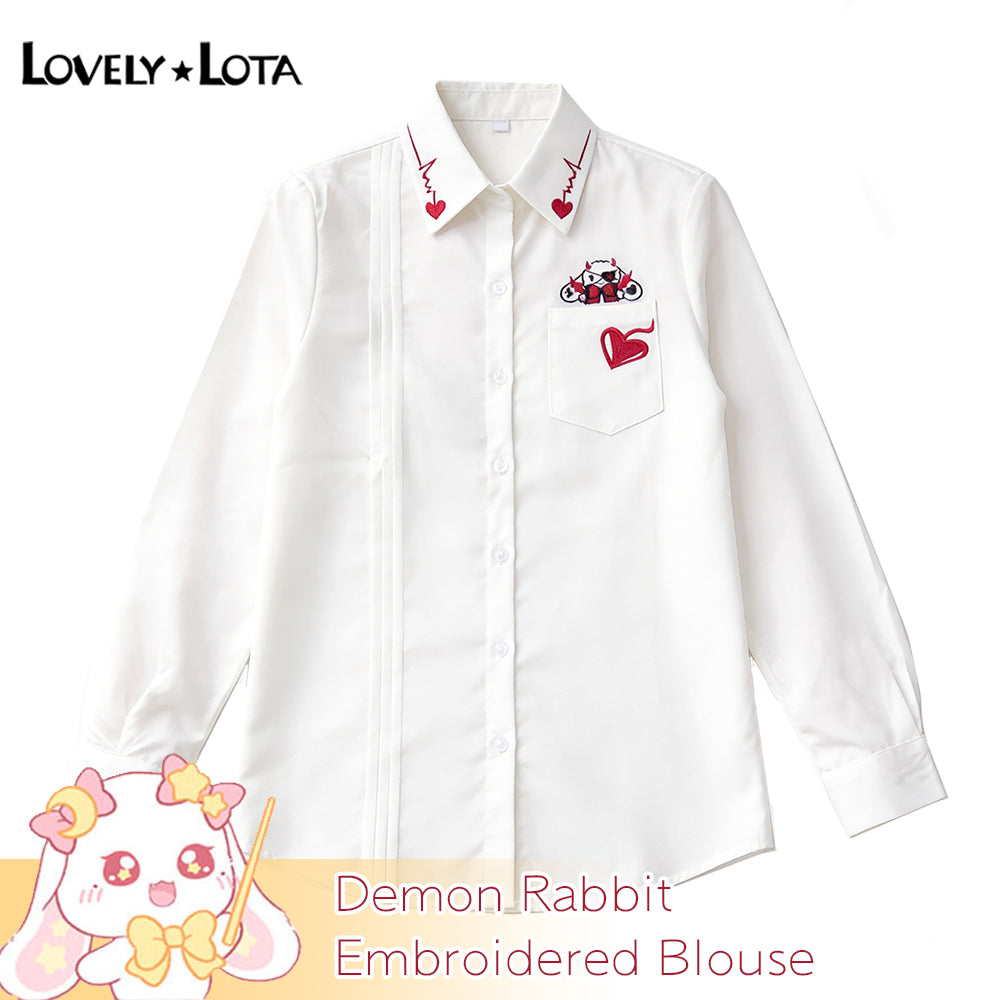 【IN STOCK】LovelyLota Original Demon Rabbit IP White Blouse, Cute Cartoon Halloween Embroidered Long Sleeve Shirt, Daily Casual Top