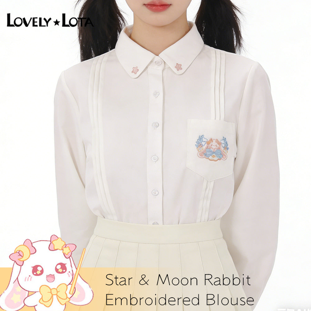 【IN STOCK】LovelyLota Original Star & Moon Rabbit IP White Blouse, Cute Cartoon Soft Kawaii Embroidered Long Sleeve Shirt, Casual Daily Top