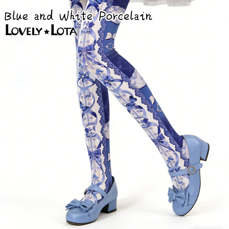 【IN STOCK】LovelyLota Original Blue and White Porcelain Gorgeous Lolita Print Tights, 120D Velvet Pantyhose for Women