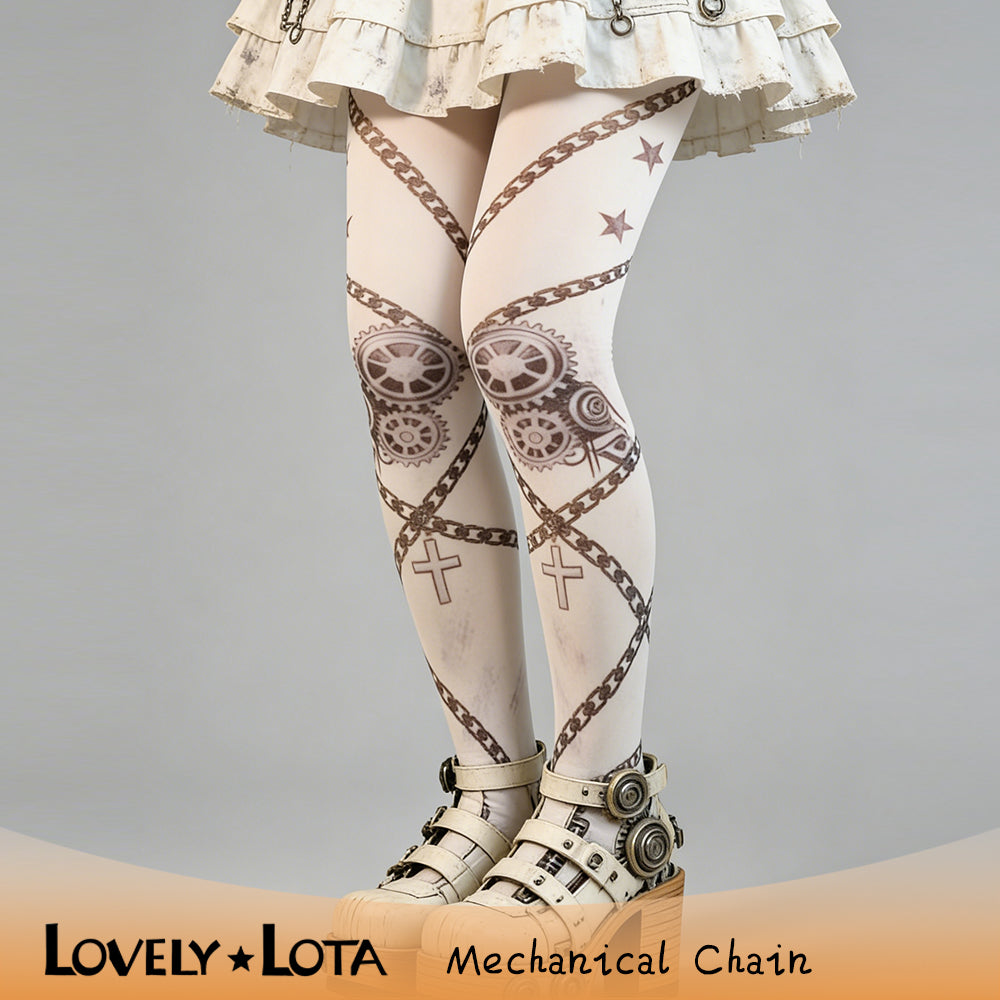 【IN STOCK】LovelyLota Original Mechanical Punk Lolita Printed Tights - 120D Original Designed Printed Pantyhose