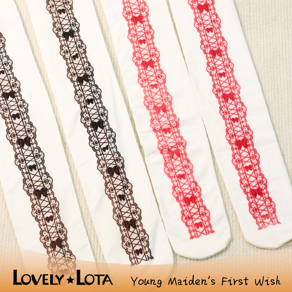 【IN STOCK】LovelyLota Original Design 120D Velvet Pantyhose - Maiden's Aspiration Bow Print Lolita Tights for Girls