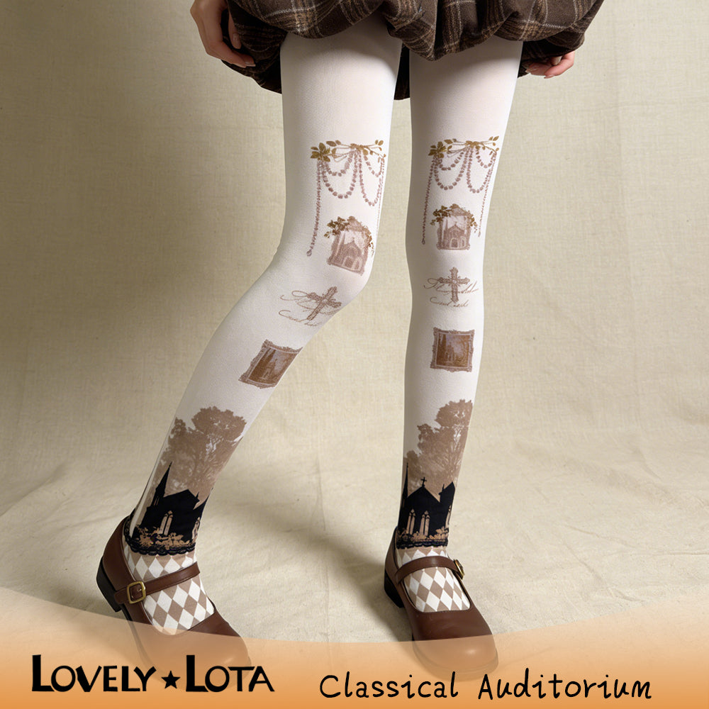 【IN STOCK】LovelyLota Original Classical Auditorium Tights for Women, Cross Classic Lolita Print, 120D Velvet