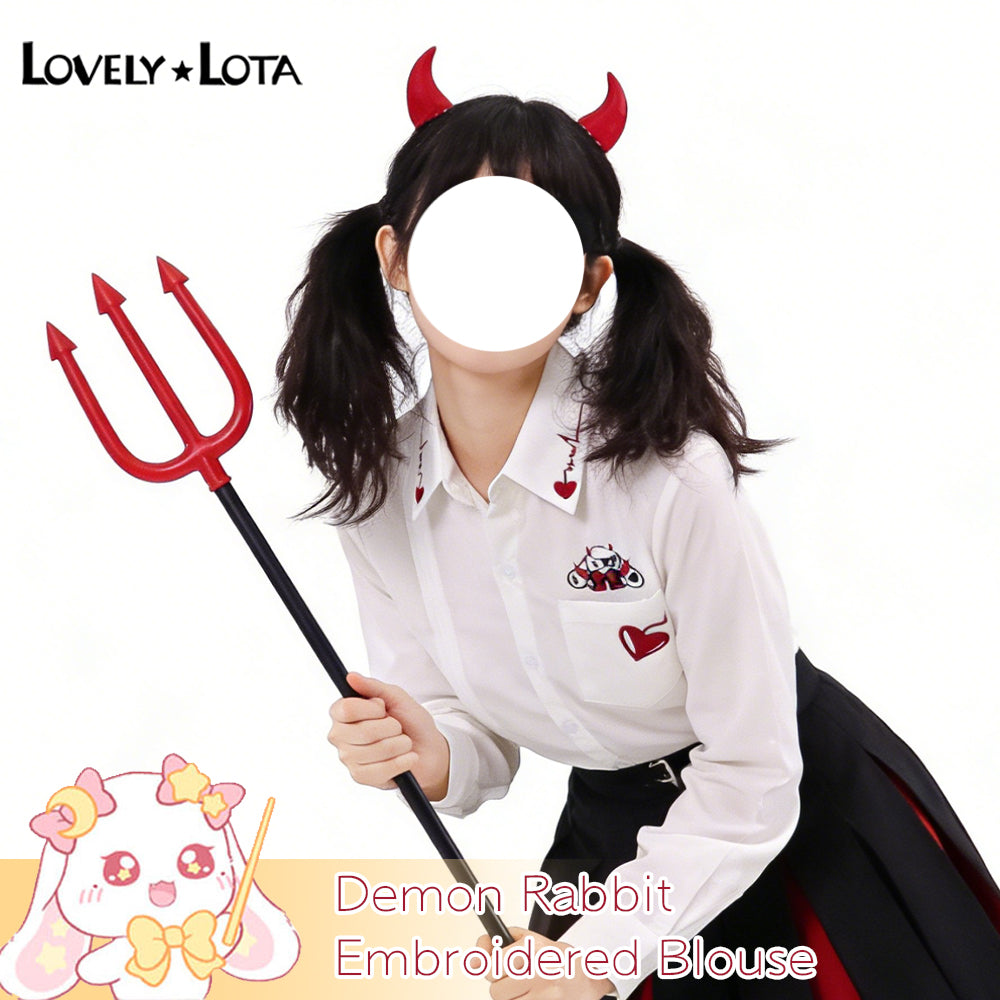 【IN STOCK】LovelyLota Original Demon Rabbit IP White Blouse, Cute Cartoon Halloween Embroidered Long Sleeve Shirt, Daily Casual Top