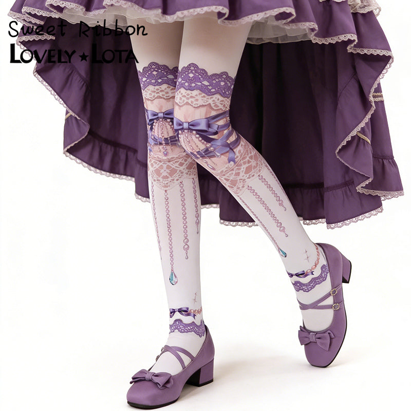 【IN STOCK】Maiden Seven Sweet Original Sweet Ribbon Luxury Lolita Printed Velvet Pantyhose, 120D For Women