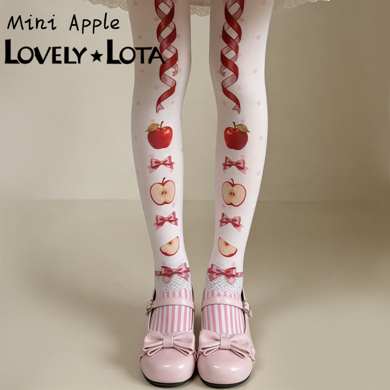【IN STOCK】LovelyLota Original Little Apple Print Lolita Tights, 120D Velvet High Elastic Cute Pantyhose for Women