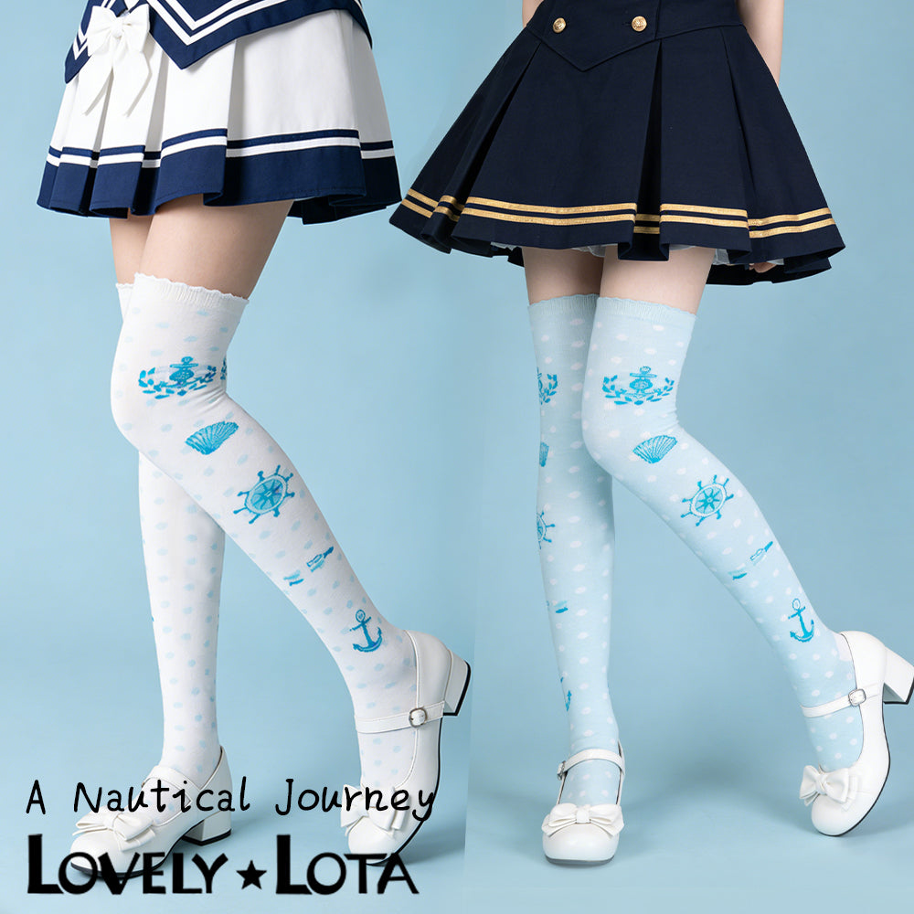 【In Stock 】 LovelyLota Original Voyage Shell Polka Dot Lolita Socks Cotton Over-the-Knee High Socks for Women