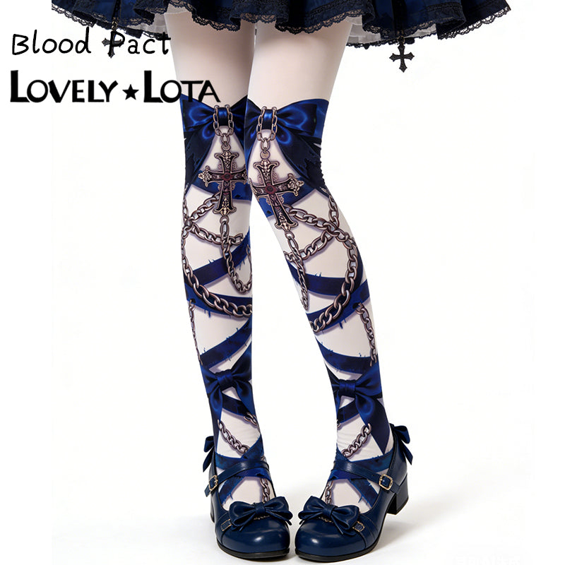 【IN STOCK】Original Crimson Contract Gothic Lolita Printed Pantyhose with Cross Pattern, 120D Velvet Stockings by Maiden Seven Sweet