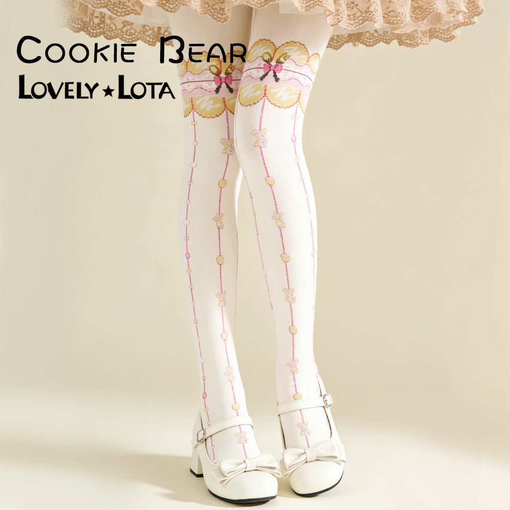 【IN STOCK】LovelyLota Original Cookie Bear Bow Print 120D Velvet Lolita Tights for Women