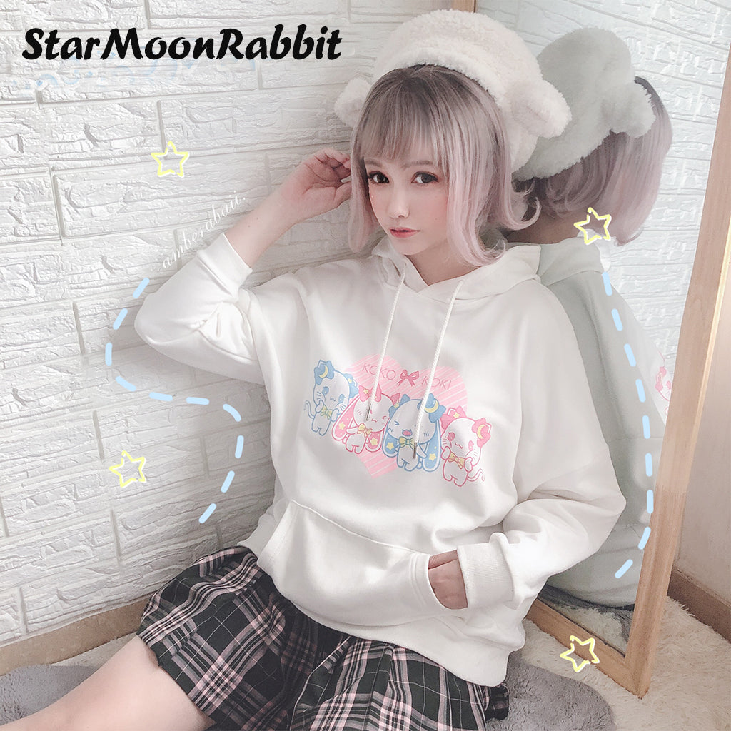 【IN STOCK】Original IP Moon-Star-Rabbit Sweatshirt: Cute Illustration Printed Long-Sleeve White Hoodie