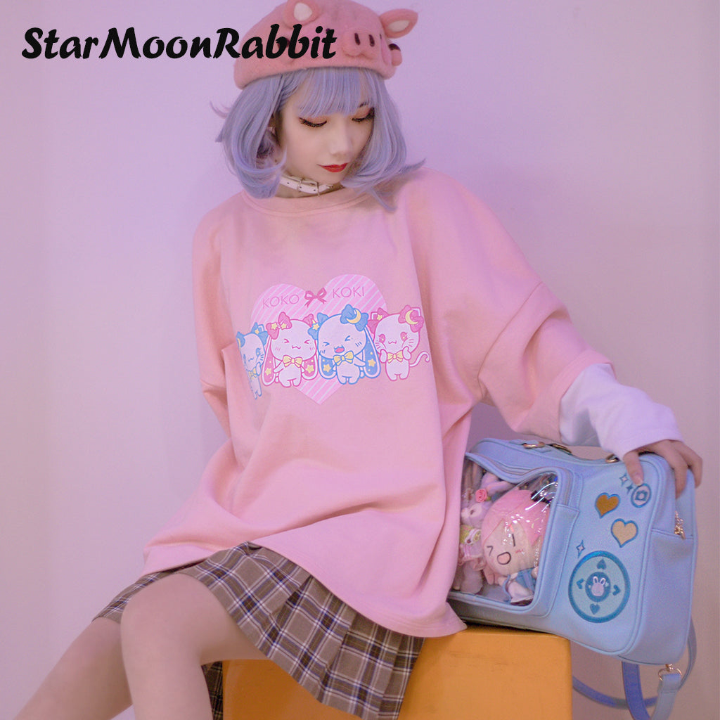 【IN STOCK】Original Moon-Star-Rabbit IP Pink Raglan Sleeve Illustration Printed Pullover